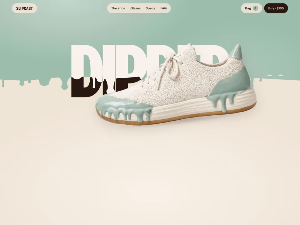 Slipcast DIP 01 product page: a glazed knit sneaker landing on the DIPPED wordmark